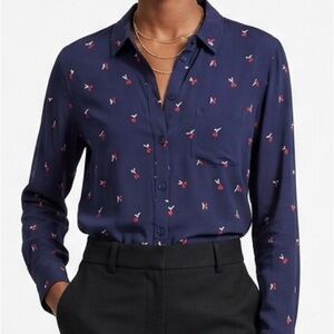 Rails Kate Navy Blue Cherry Print Silk-Feel Button Down Blouse (Size S)